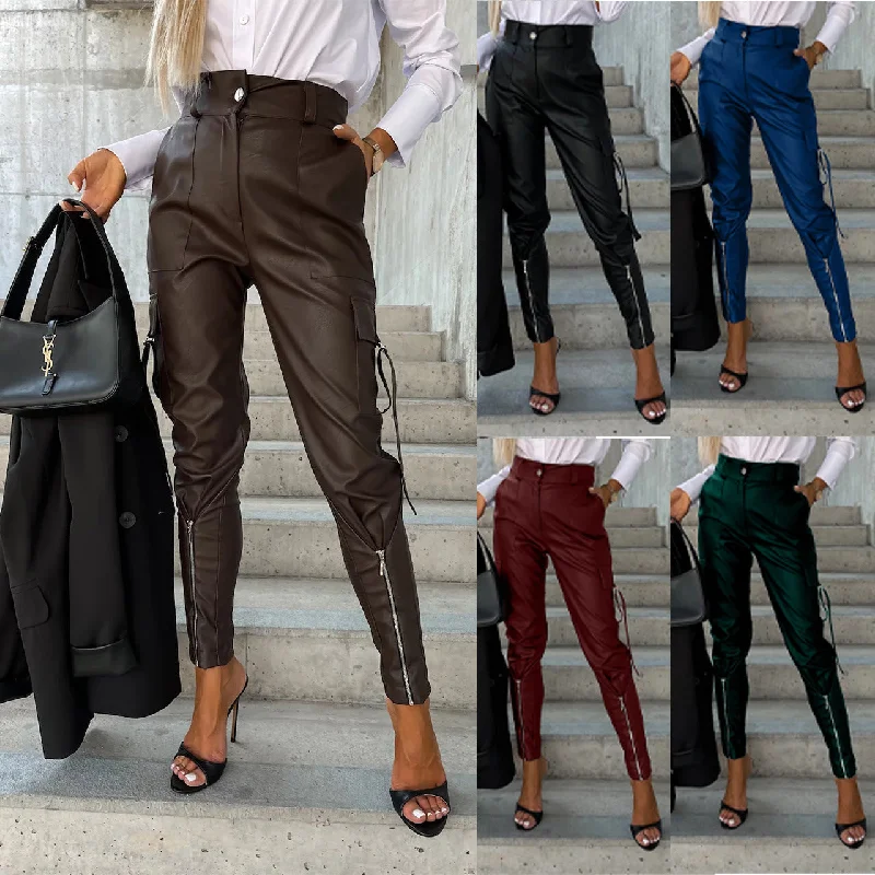 Mega Sale Fall Winter Fashion Slim PU Leather Waist Skinny Trousers Pockets