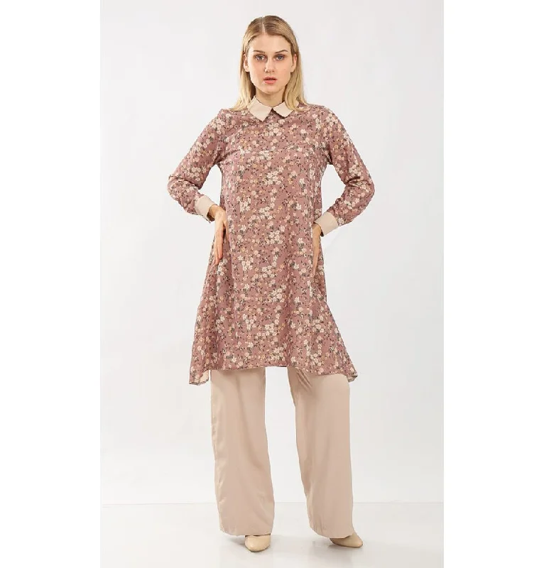 Don’t Miss Out Modest Muslim Women’s Vintage Ditsy Floral Tunic with Solid Pant Set - 9260 Tea Rose