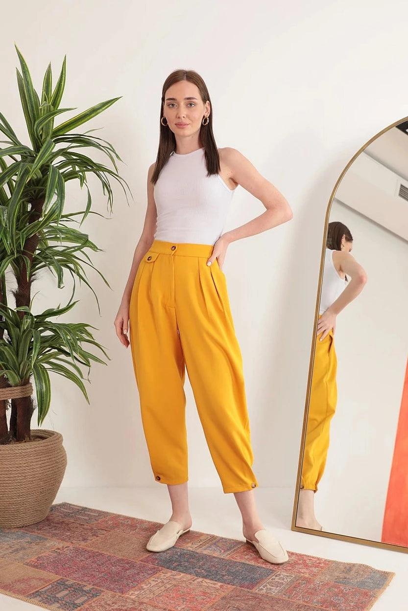 Final Clearance Atlas Fabric Pleated Shalwar Women's pants  - Mustard Yellow