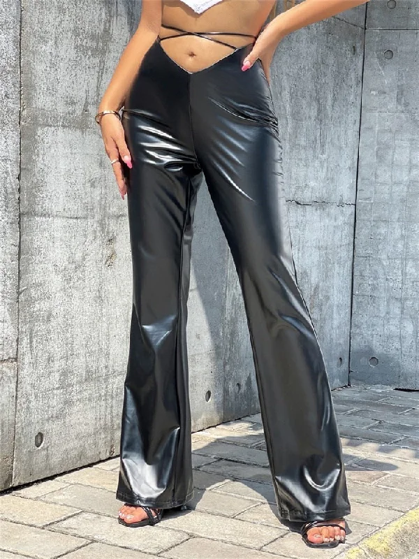 Special Price BerriesJam - 2024 Y2K Faux Leather Bandage High Waist Flare Pants