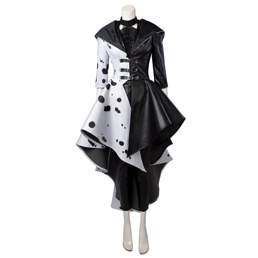 2021 Movie Cruella Estella Cruella de Vil Cosplay Costume Spotted Dress C00621