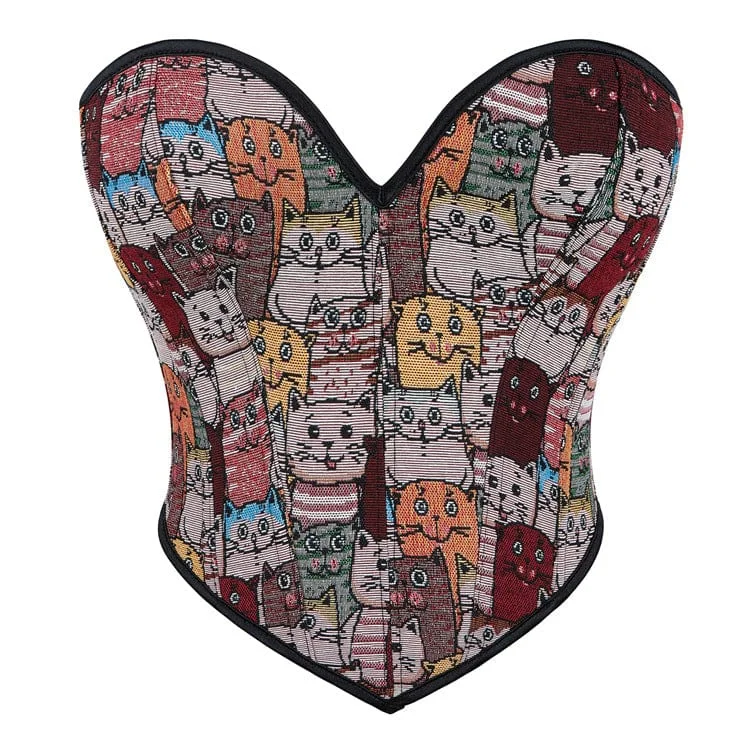 Women's Grunge Colourful Cat Embroidered Overbust Corset