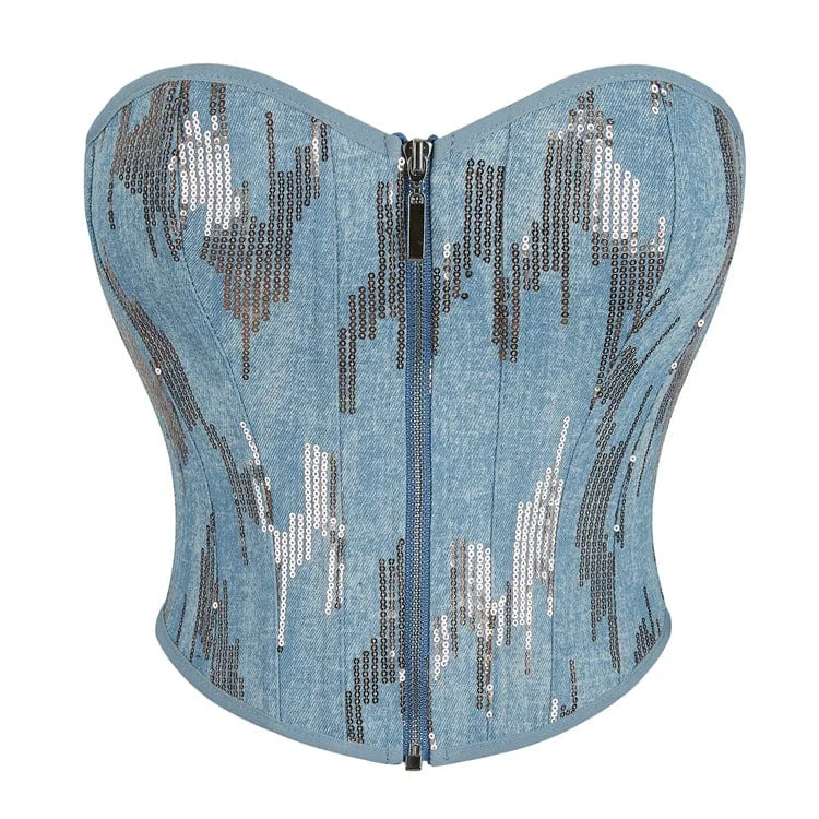 Women's Grunge Sequin Zipper Denim Overbust Corset