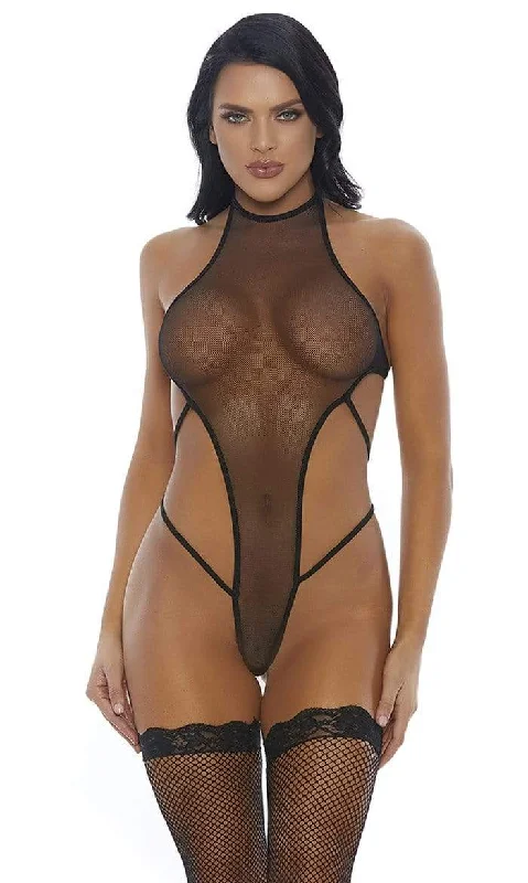 Black Sheer Mesh High Neck Thong Bodysuit Lingerie