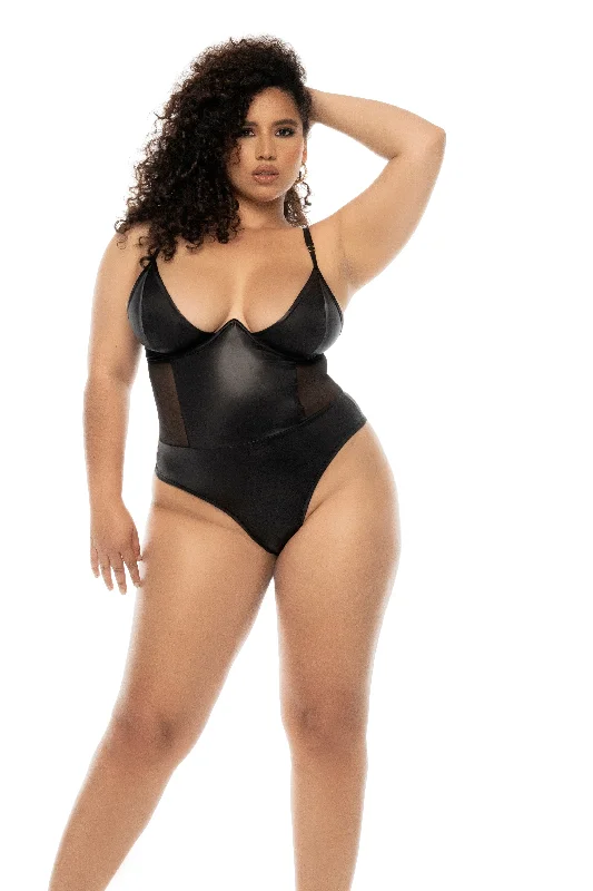 Plus Size Sexy Black Faux Leather Underwire Thong Bodysuit Lingerie