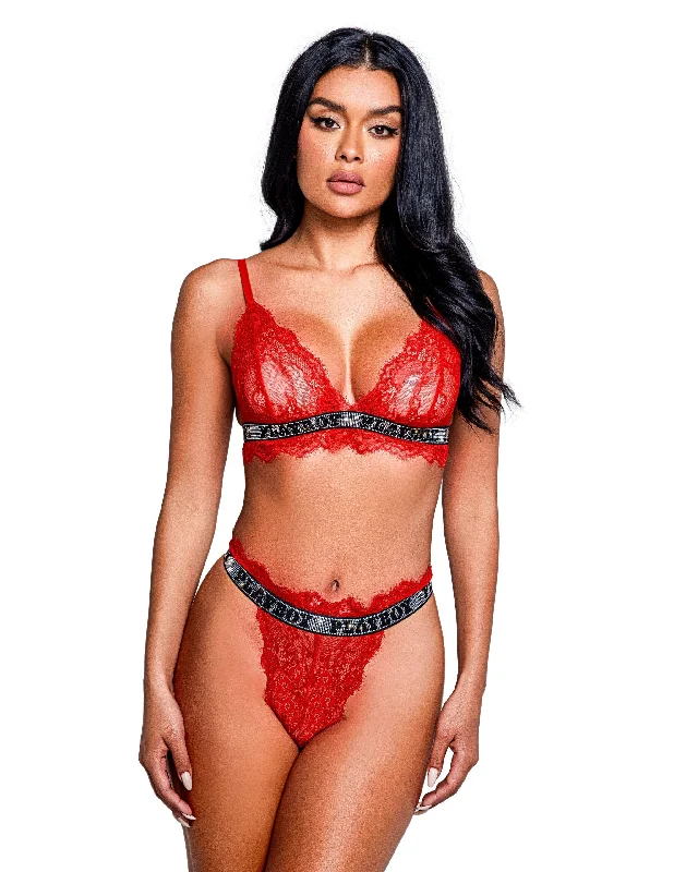 Red Floral Lace Playboy Starlet Bralette & High Waisted Thong Set (Plus Size Available)