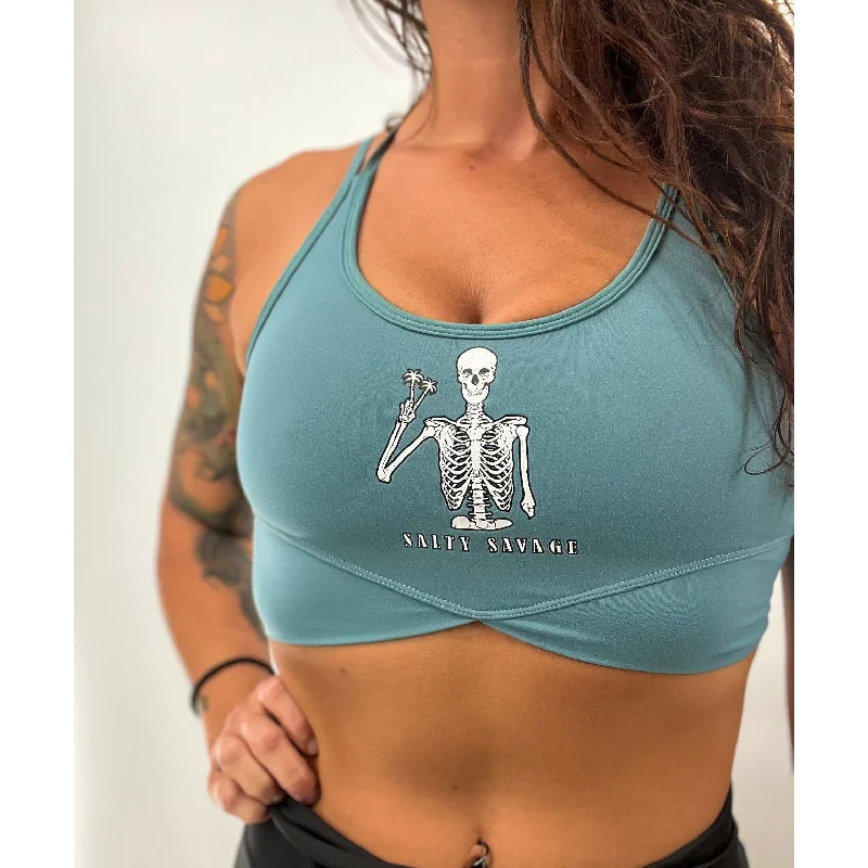 Salty Savage Ladies “Peace Skeleton” V Cut Sports Bra | Powder Blue