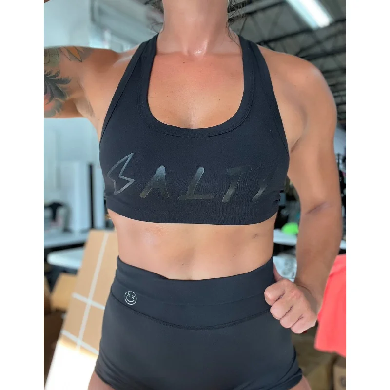 Salty Savage Ladies “SALTY” Bold Basic Racerback Sports Bra | Black on Black